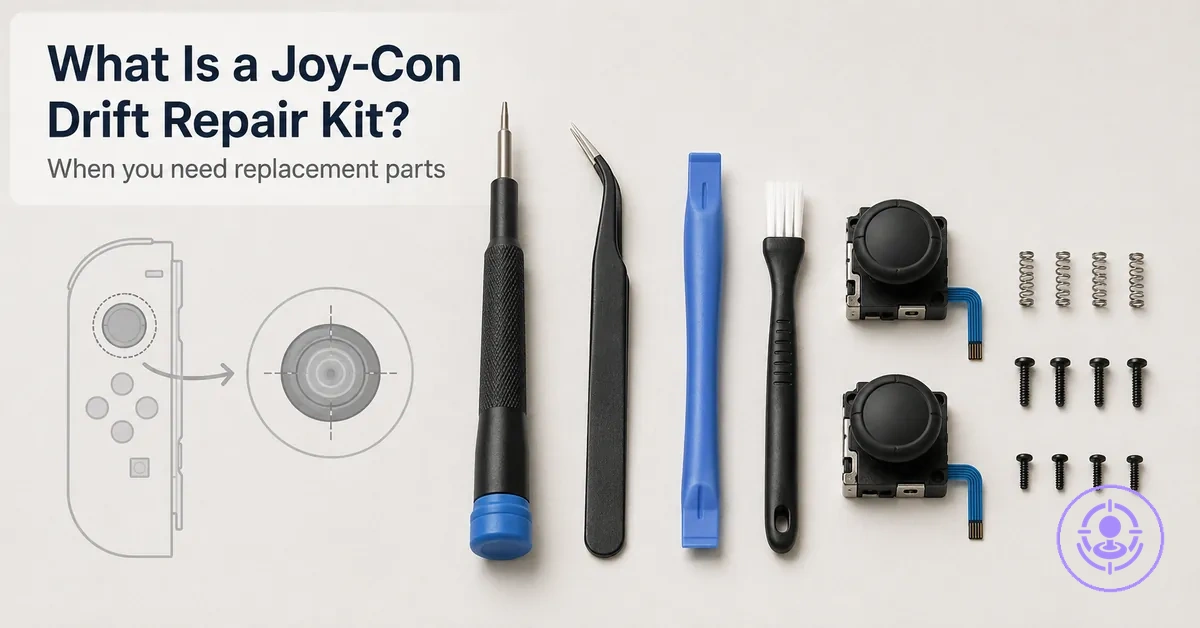 Joy-Con drift repair kit components shown to explain what the kit is used for and when replacement is needed