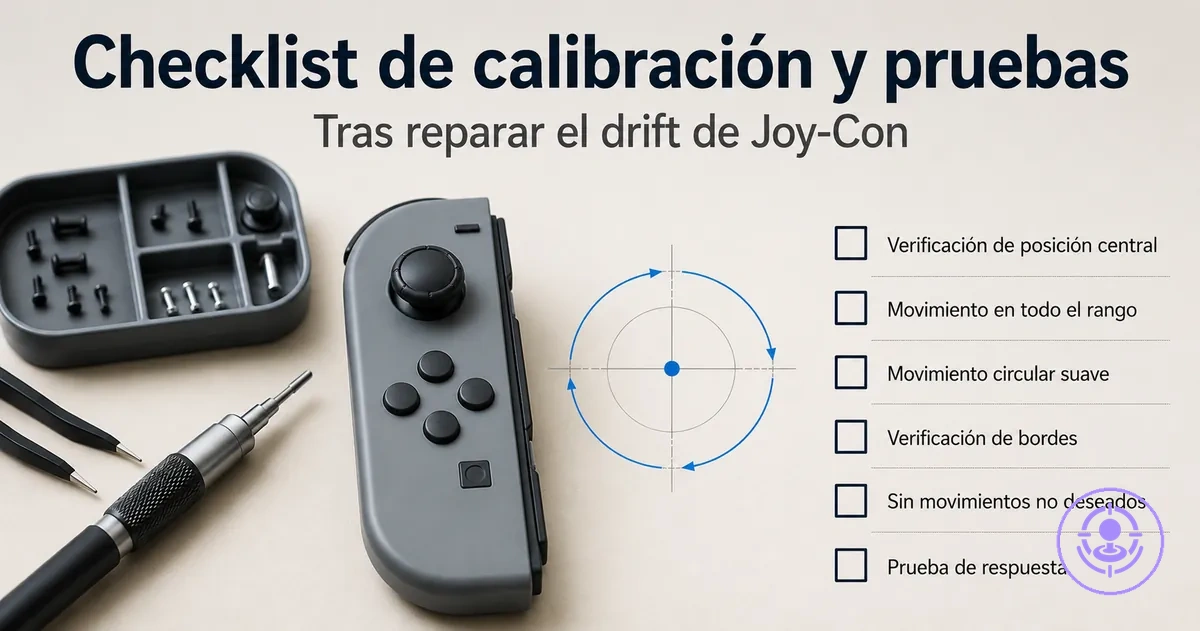Lista de calibración y pruebas tras reparar el drift de Joy-Con con comprobaciones de movimiento del mando