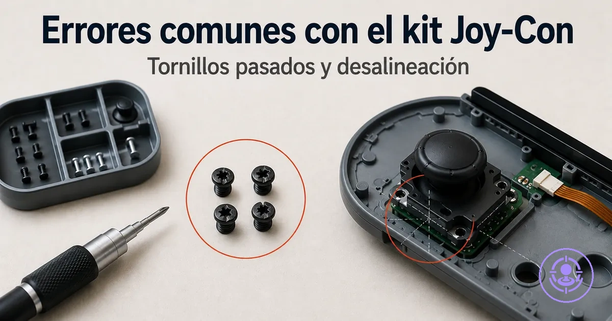 Errores comunes al usar un kit de reparación del drift de Joy-Con, como tornillos pasados y piezas desalineadas
