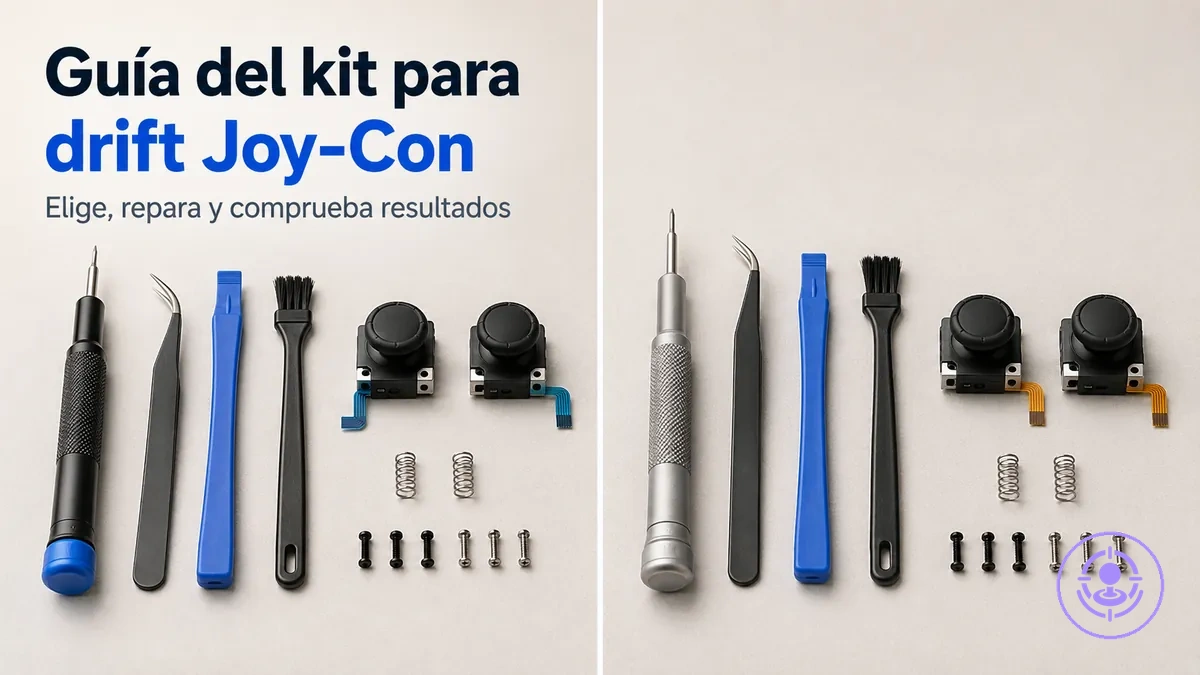 Kit de reparación del drift de Joy-Con con herramientas y piezas de repuesto colocadas para planificar la reparación