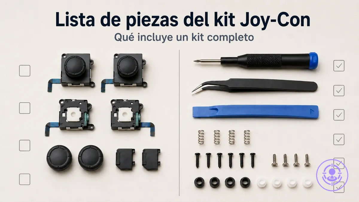 Lista de piezas de un kit de reparación del drift de Joy-Con con sticks de repuesto, herramientas y accesorios pequeños