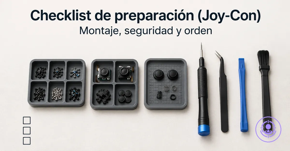 Puesto de trabajo ordenado para un kit de reparación del drift de Joy-Con con bandejas de tornillos y herramientas