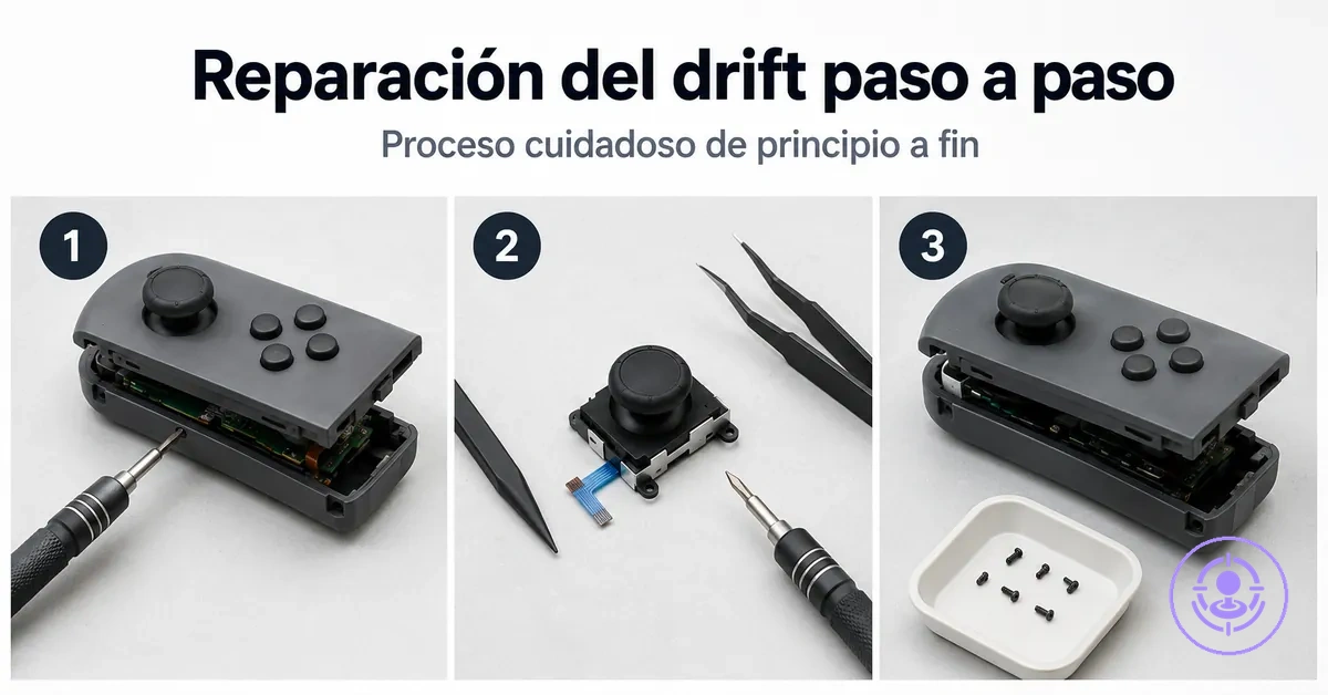 Proceso paso a paso con kit de reparación del drift de Joy-Con mostrando apertura, sustitución y montaje