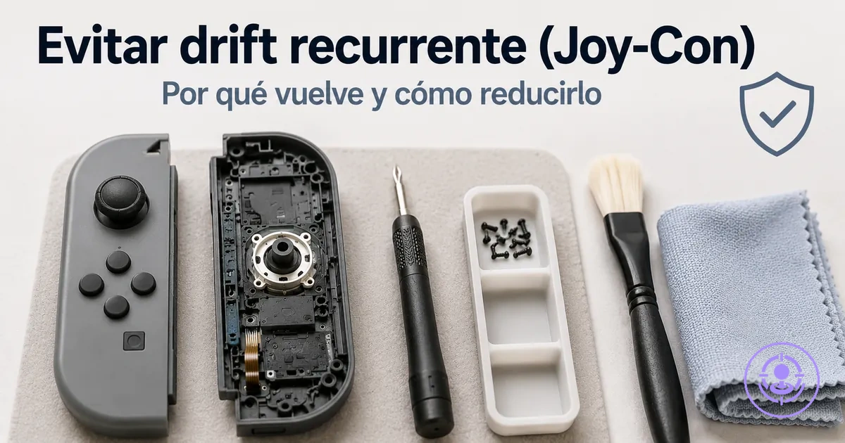 Escena de mantenimiento tras reparar el drift de Joy-Con con limpieza y manejo cuidadoso para reducir recurrencias