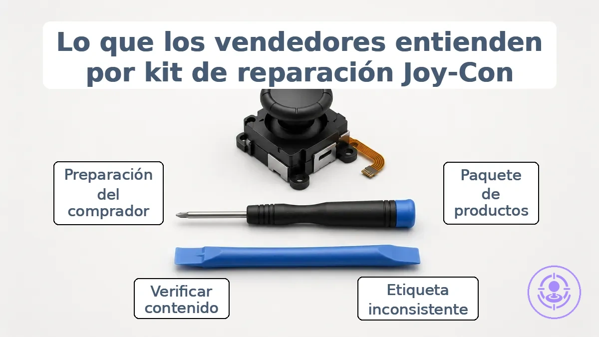 Diagrama que etiqueta las piezas, herramientas y accesorios típicos en un kit de reparación del drift de Joy-Con