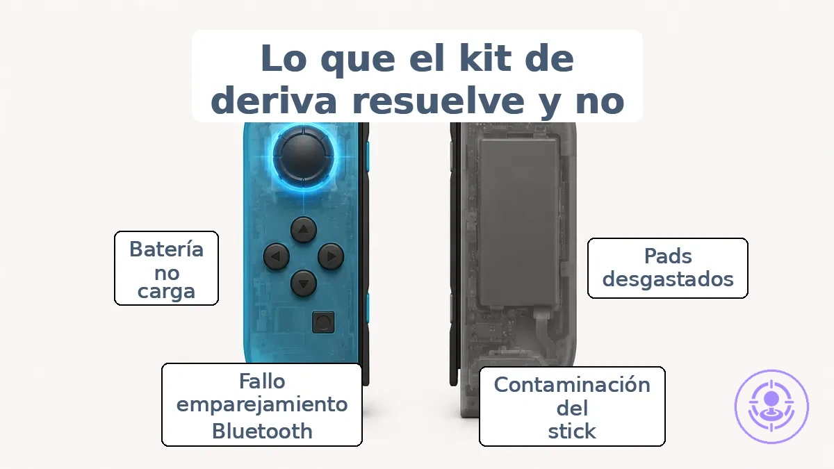 Joy-Con anotado que muestra el área del stick como alcance de reparación del kit y señala problemas que un kit no soluciona