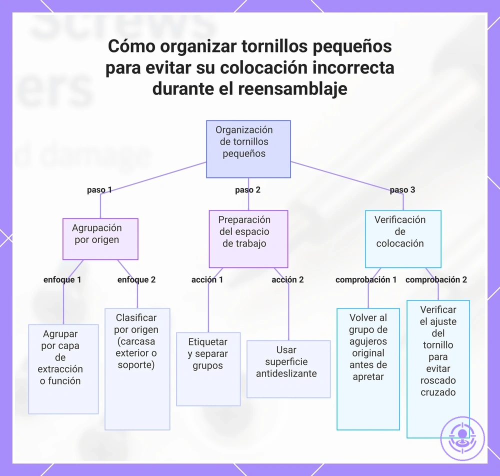 Cómo organizar tornillos pequeños para evitar su colocación incorrecta durante el reensamblaje