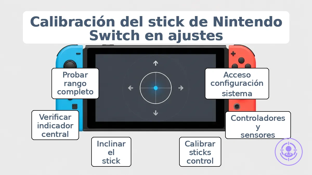 Calibración del stick de Nintendo Switch en la configuración del sistema que muestra la pantalla de calibración del stick de control.