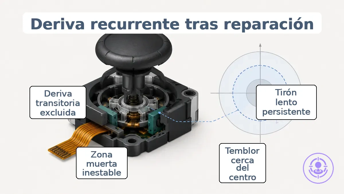 Diagrama de la entrada del stick del Joy-Con que muestra un centro sesgado y temblor con el área de la zona muerta.