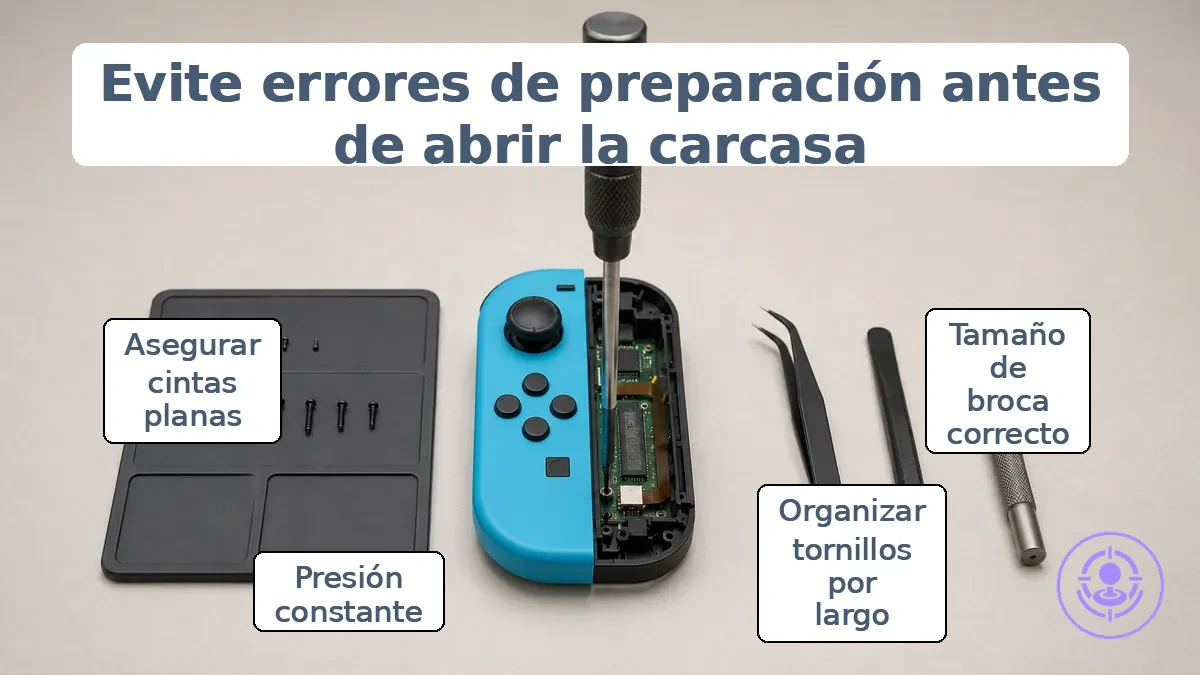 Preparación adecuada para la reparación de Joy-Con: punta de destornillador correctamente asentada y tornillos organizados por longitud.