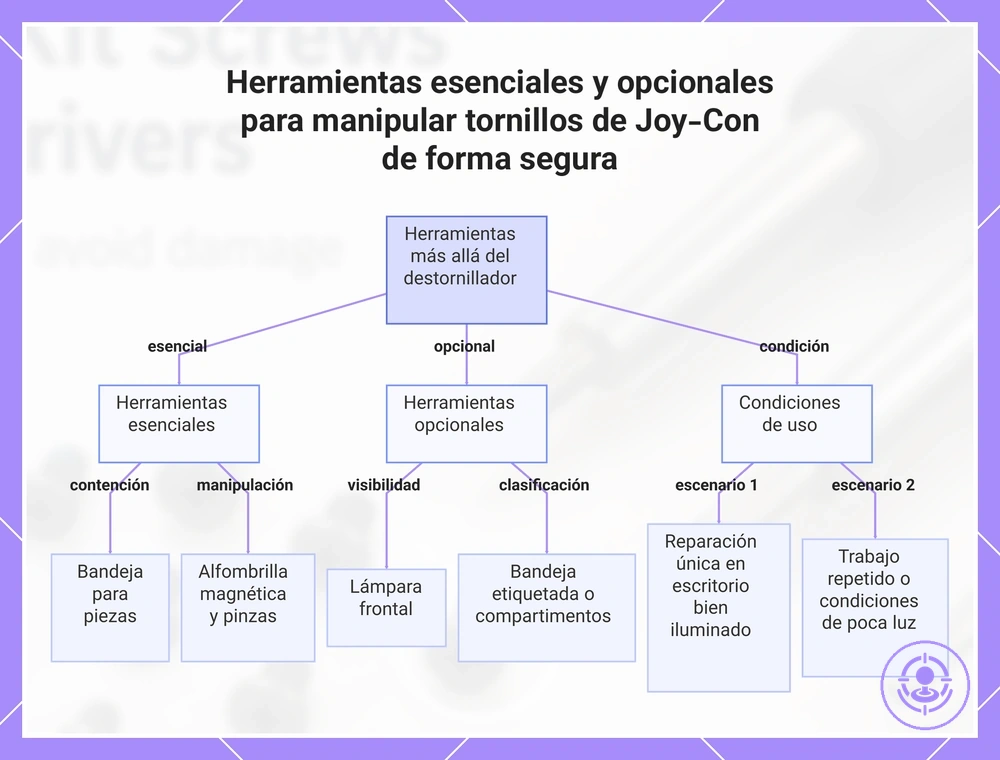 Herramientas esenciales y opcionales para manipular tornillos de Joy-Con de forma segura