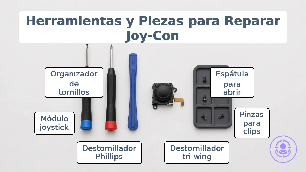 Herramientas y piezas esenciales para la reparación del drift de Joy-Con: destornillador tri-wing, destornillador Phillips, espátula y módulo de joystick de repuesto.