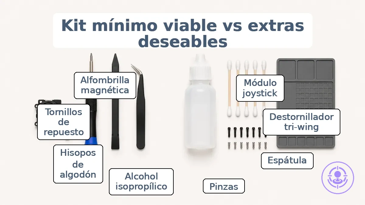 Diagrama de elementos esenciales para la reparación del drift de Joy-Con frente a extras opcionales para un kit mínimo viable.