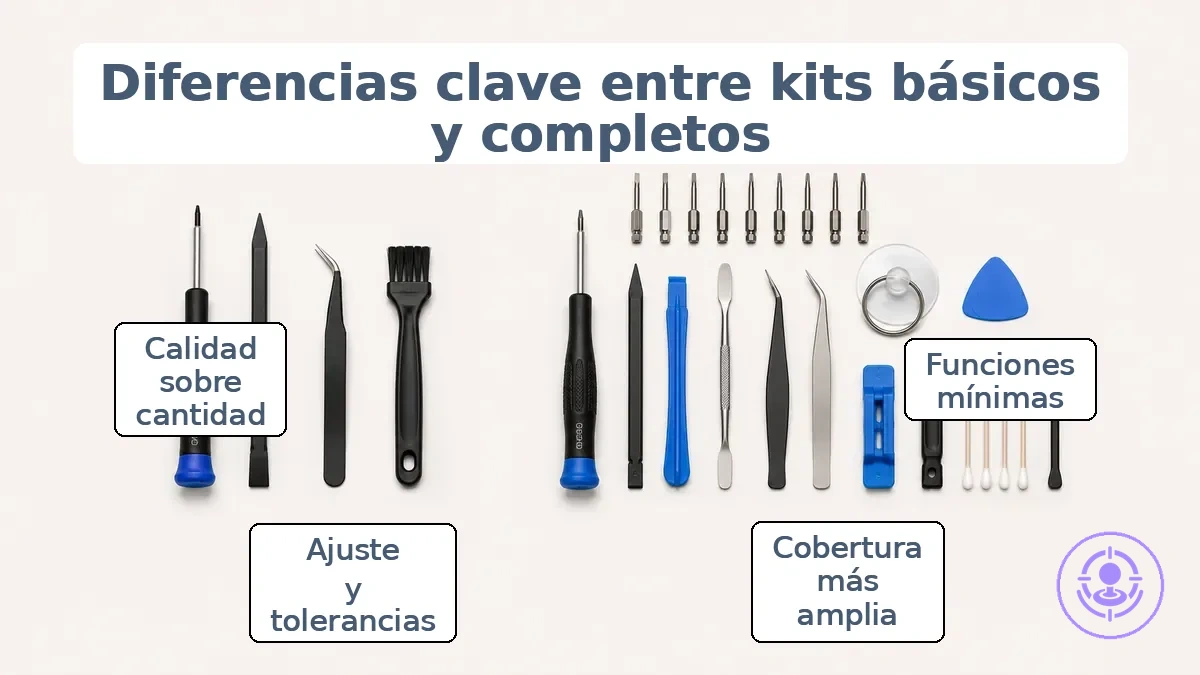 Ejemplo etiquetado que muestra componentes de kit de reparación de Joy-Con básico frente a completo, organizados por función de herramienta