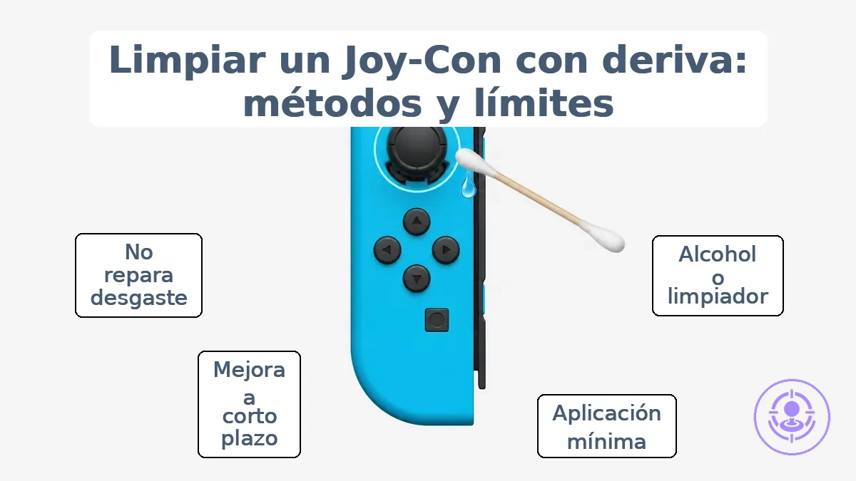 Joy-Con anotado que muestra el área del joystick para limpieza y la guía de aplicación mínima.