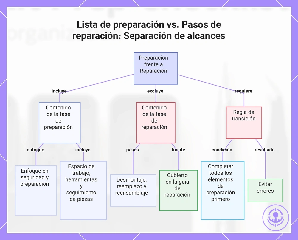 Lista de preparación vs. Pasos de reparación: Separación de alcances