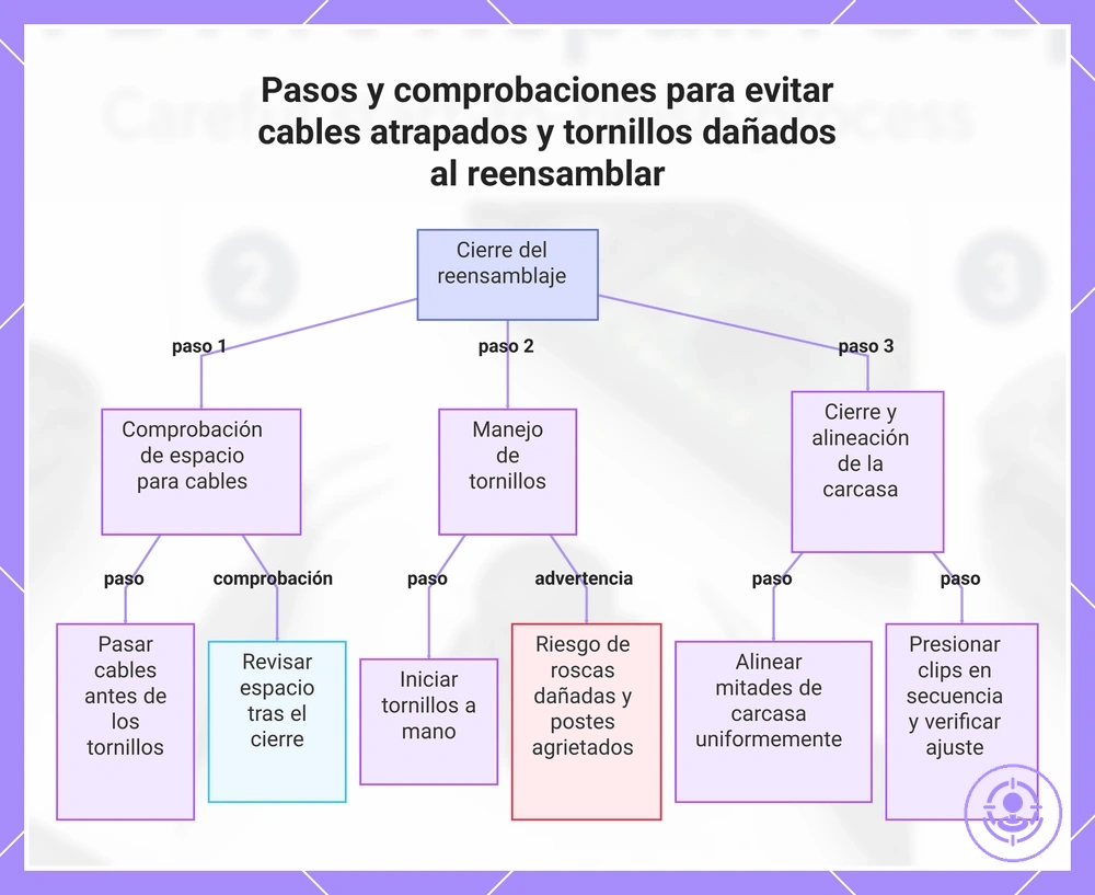 Pasos y comprobaciones para evitar cables atrapados y tornillos dañados al reensamblar