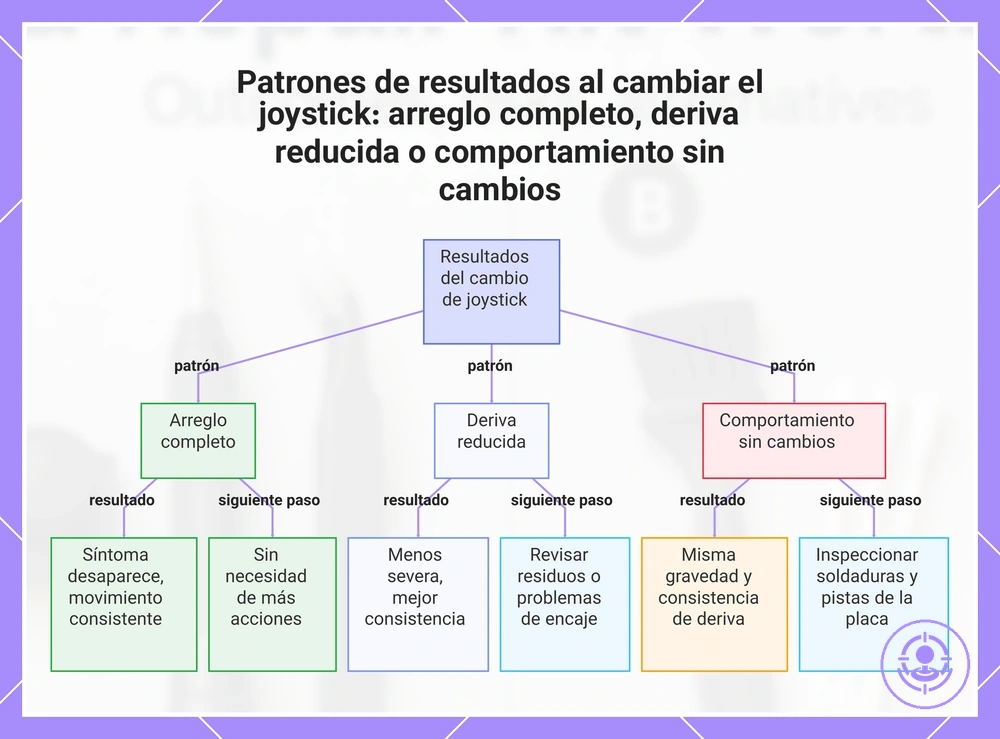 Patrones de resultados al cambiar el joystick: arreglo completo, deriva reducida o comportamiento sin cambios