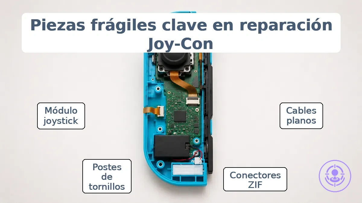 Piezas internas frágiles del Joy-Con relacionadas con el riesgo de reparación DIY del drift.