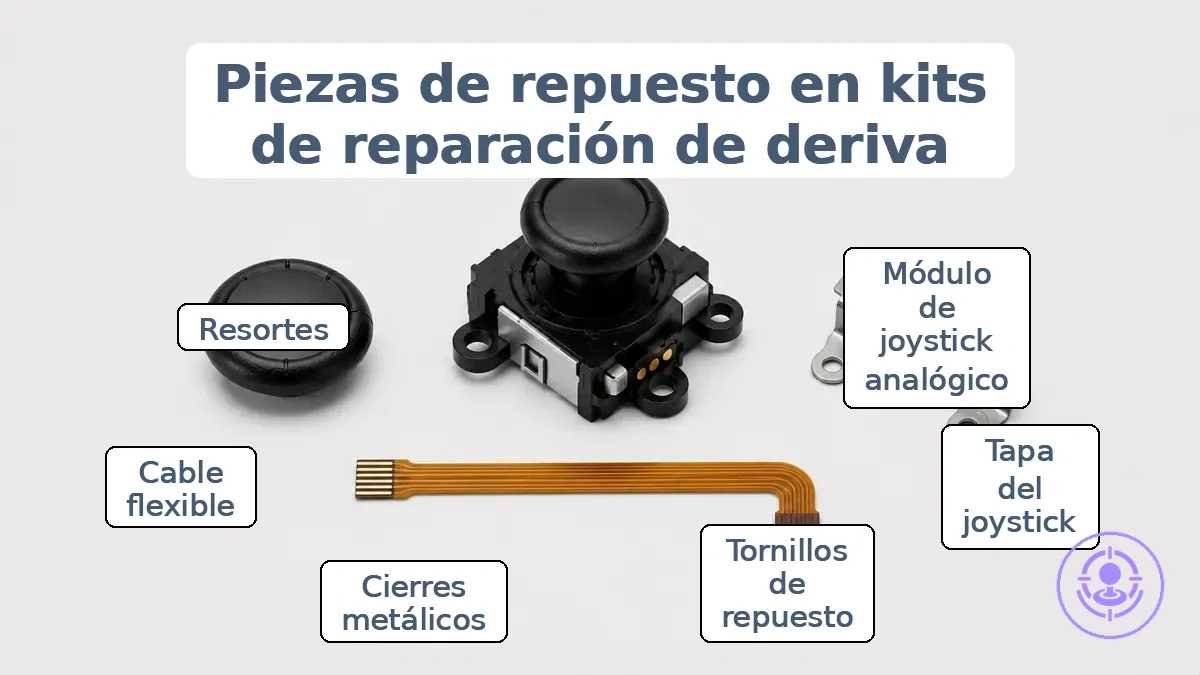 Piezas de repuesto del kit de reparación del drift de Joy-Con etiquetadas: módulo de stick analógico, tapas de stick y piezas pequeñas.