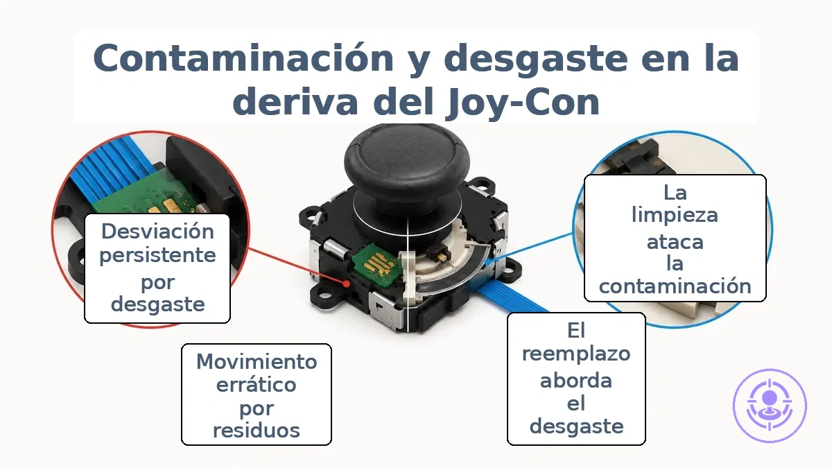 Diagrama de un módulo de joystick de Joy-Con que muestra un área de contaminación cerca de las almohadillas de contacto etiquetada como la limpieza afecta esto y un punto de desgaste en la pista resistiva etiquetado como el reemplazo afecta esto