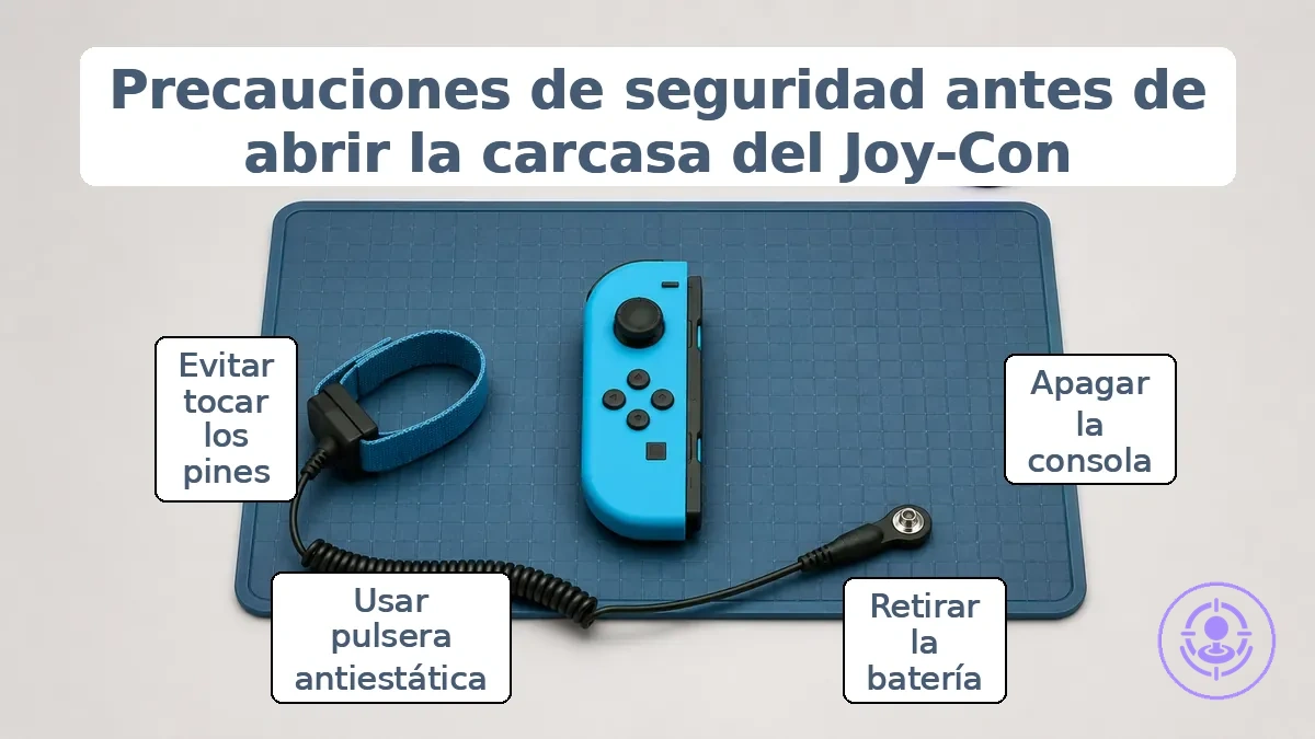 Prioridades de control de seguridad para la preparación de la reparación del drift de Joy-Con, que muestran los pasos de aislamiento de alimentación y control de estática.