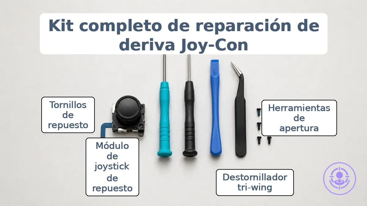 Componentes de un kit típico de reparación del drift de Joy-Con que incluye módulos de joystick, destornillador de tres puntas, herramientas de apertura, pinzas y tornillos pequeños en una bandeja para piezas