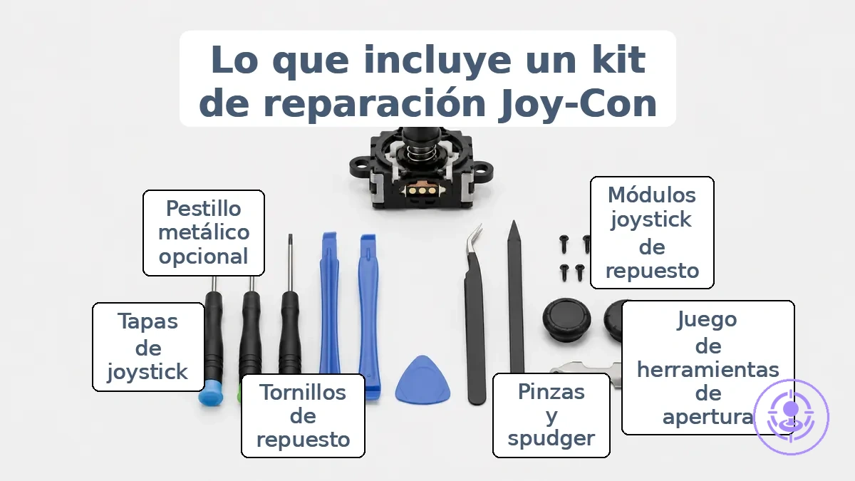 Imagen anotada de lo que suele incluir un kit de reparación del drift de Joy-Con a alto nivel