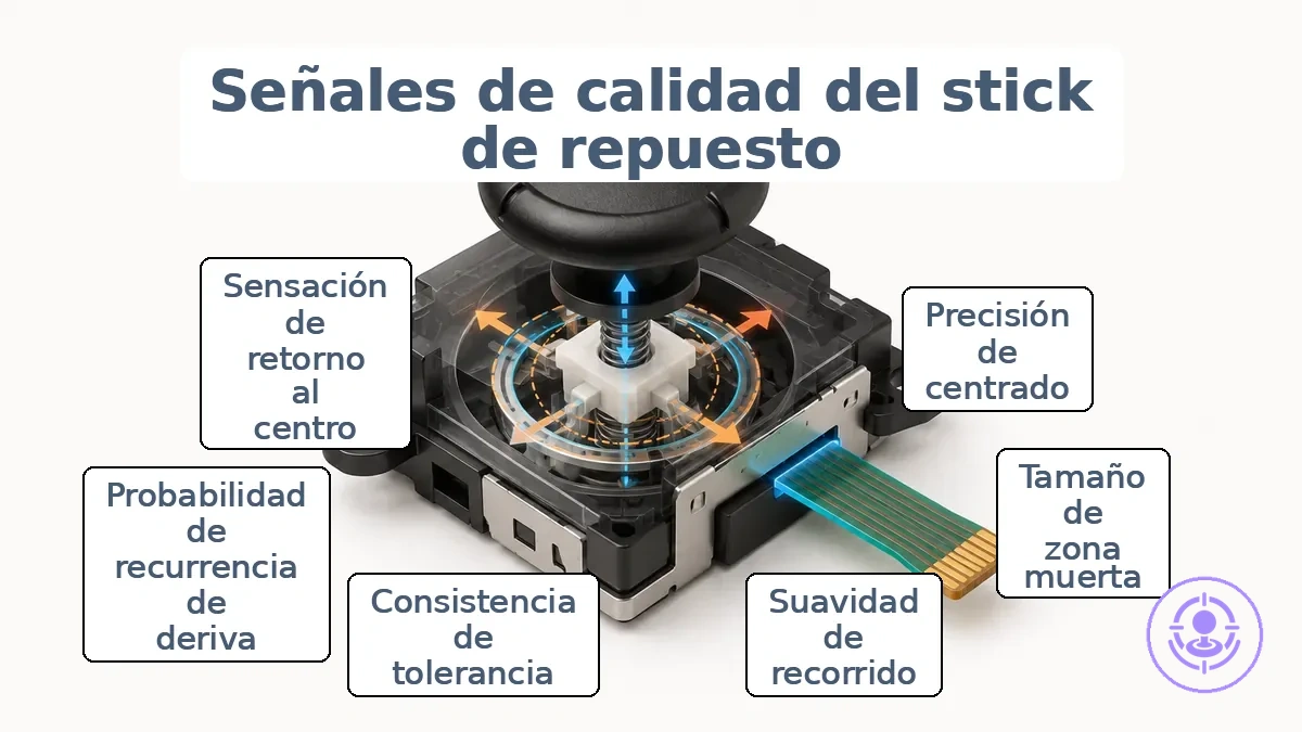 Módulo de joystick de Joy-Con de repuesto etiquetado que muestra indicios de centrado y recorrido