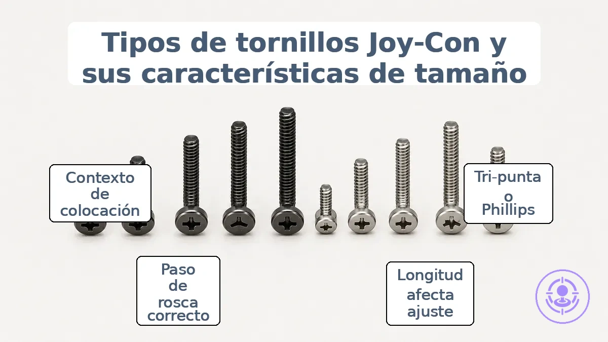 Tornillos de reparación de Joy-Con anotados que muestran diferentes longitudes y perfiles de cabeza para un emparejamiento más seguro.