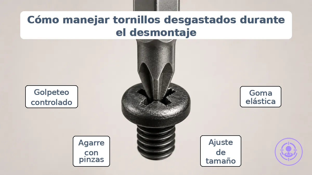 Ejemplo anotado de una cabeza de tornillo de Joy-Con que comienza a pasarse de rosca y asentamiento correcto de la punta del destornillador.