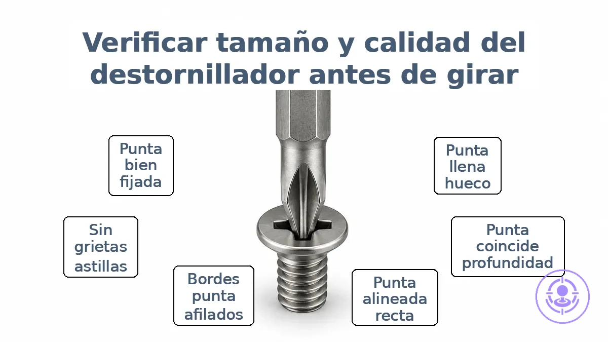 Primer plano de una punta de destornillador asentada en la cabeza de un tornillo, que muestra el ajuste y la alineación correctos.