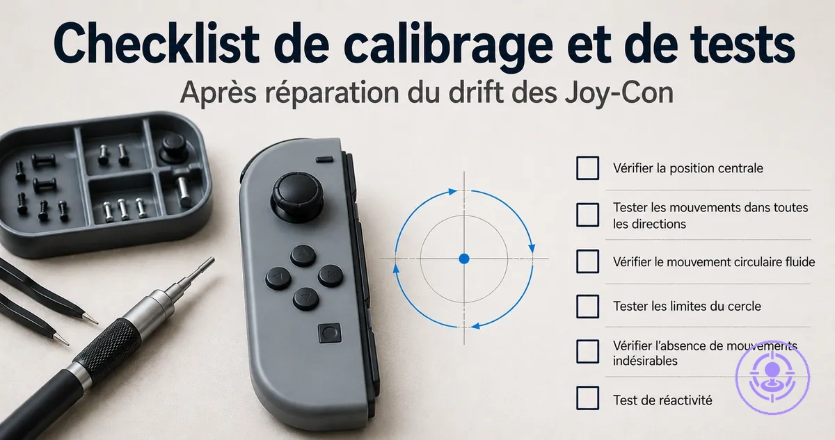 Checklist de calibrage et de tests après réparation du drift des Joy-Con, avec contrôles de mouvement