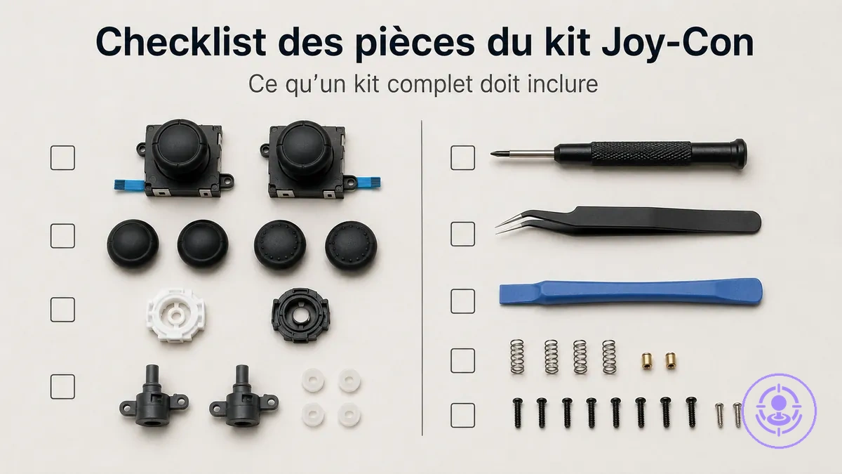 Checklist des pièces d’un kit de réparation du drift des Joy-Con avec joysticks de rechange, outils et petits accessoires