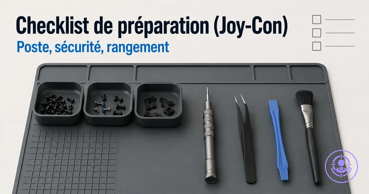 Poste de travail organisé pour réparer le drift des Joy-Con avec bacs à vis, outils et surface propre