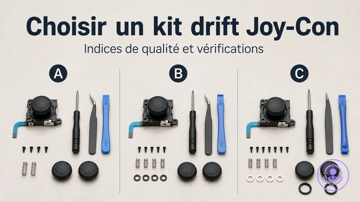 Comparaison de kits de réparation du drift des Joy-Con avec contenus différents pour vérifier qualité et compatibilité