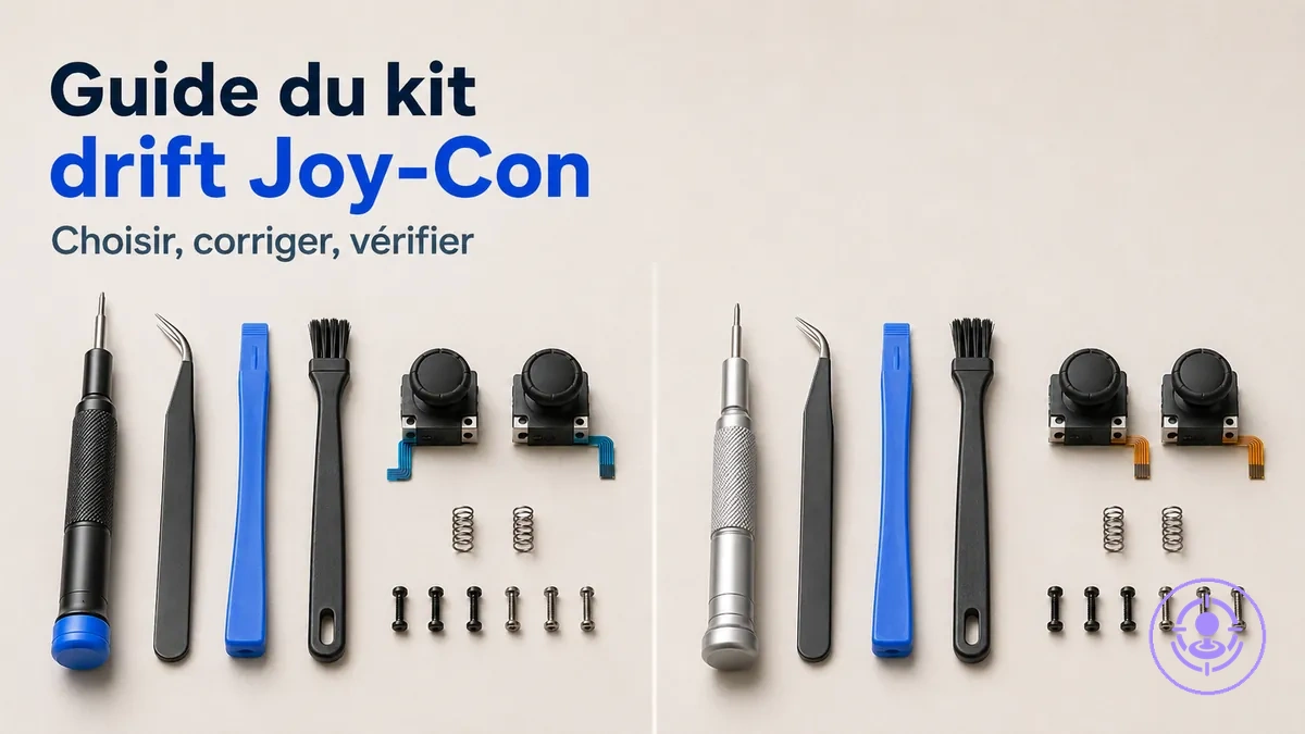 Kit de réparation du drift des Joy-Con avec outils et pièces de rechange disposés pour aider au choix et à la préparation