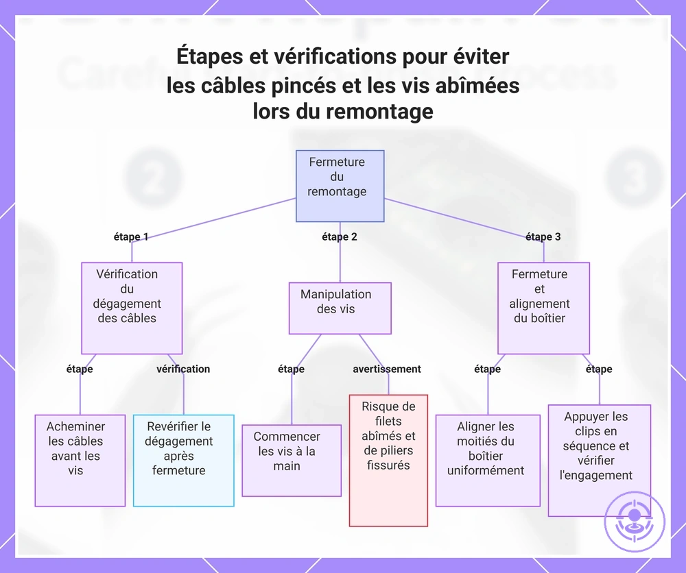Étapes et vérifications pour éviter les câbles pincés et les vis abîmées lors du remontage