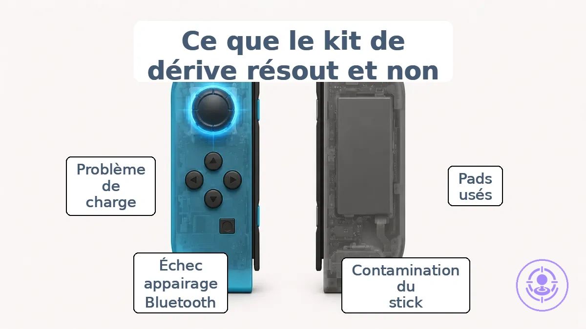 Joy-Con annoté montrant la zone du stick comme périmètre d'action du kit et signalant les problèmes qu'un kit ne résout pas