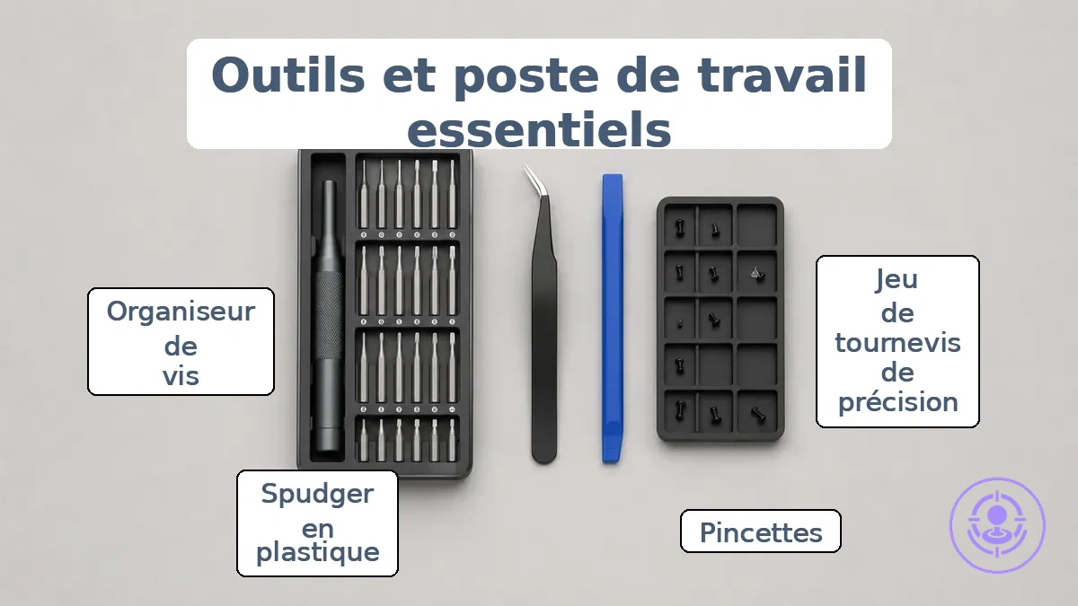 Poste de travail organisé avec outils pour le remplacement du joystick Joy-Con, montrant un plateau à vis et des tournevis de précision.