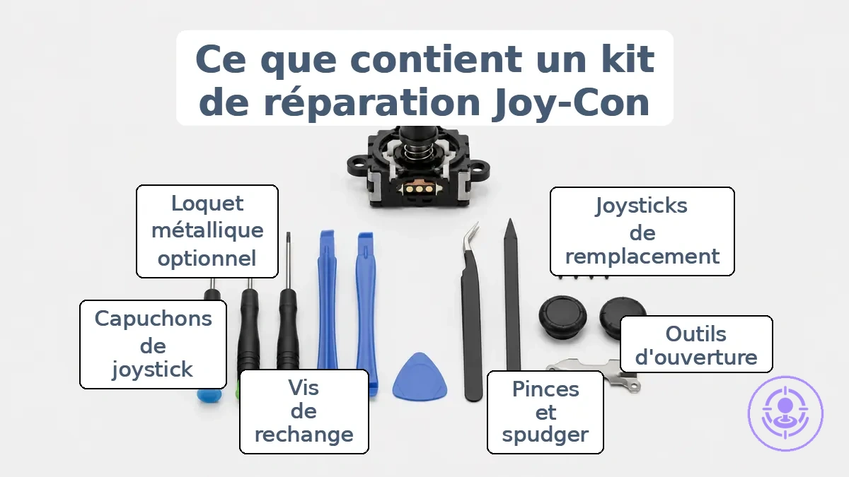 Aperçu visuel annoté du contenu typique d un kit de réparation du drift des Joy Con