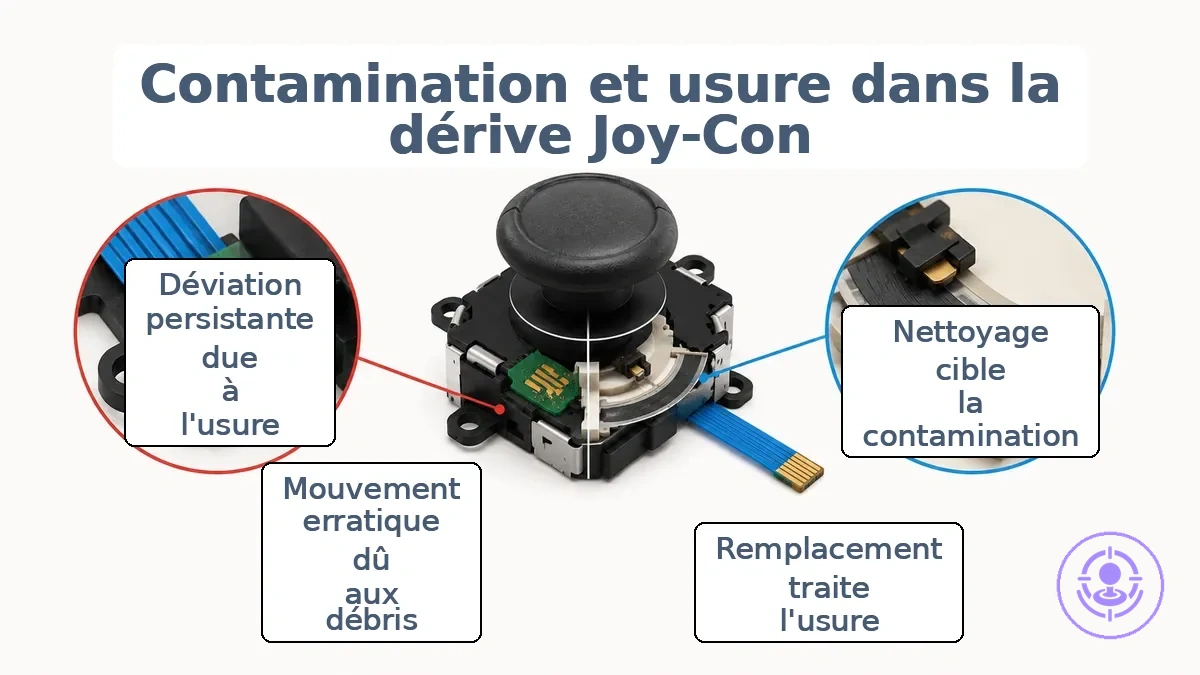 Diagramme d un module de joystick Joy-Con montrant une zone de contamination pres des contacts etiquetee nettoyage agit ici et un point d usure sur la piste resistive etiquetee remplacement agit ici