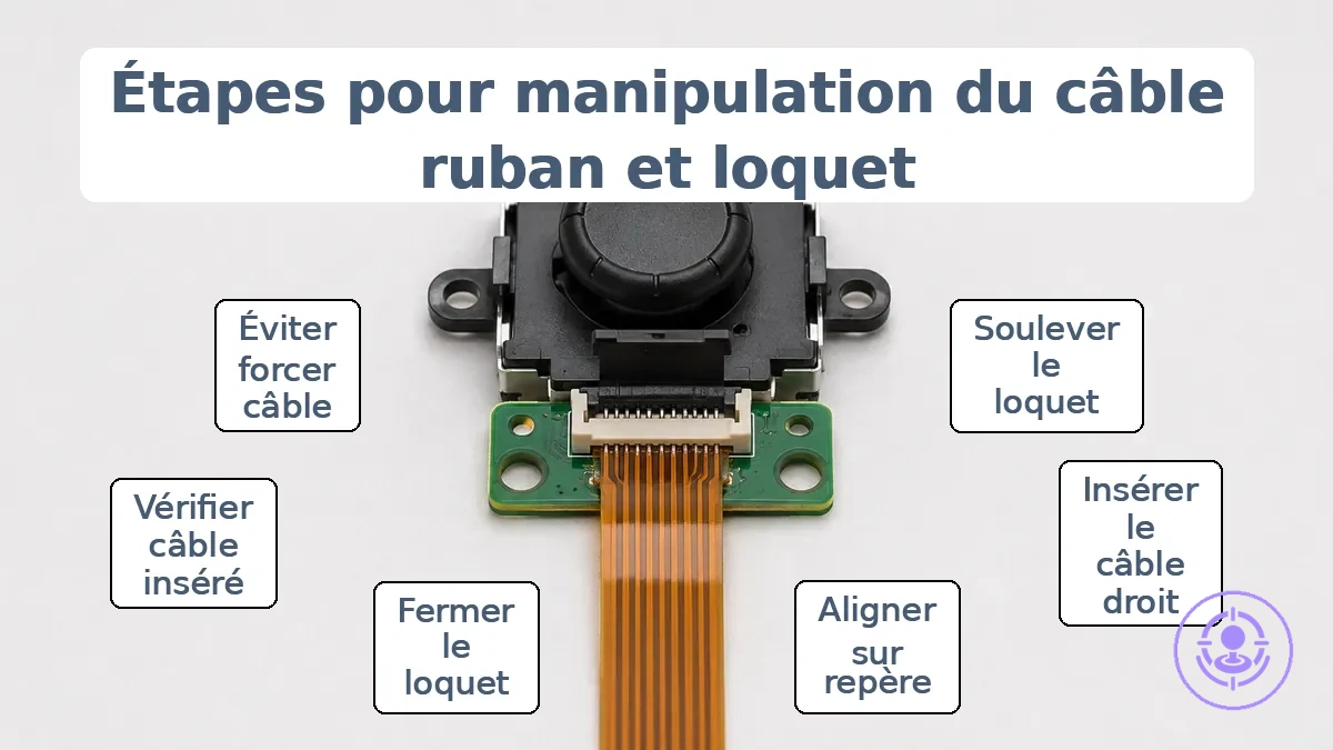 Position du loquet du connecteur de nappe et alignement de la nappe insérée lors du remplacement du joystick Joy-Con.