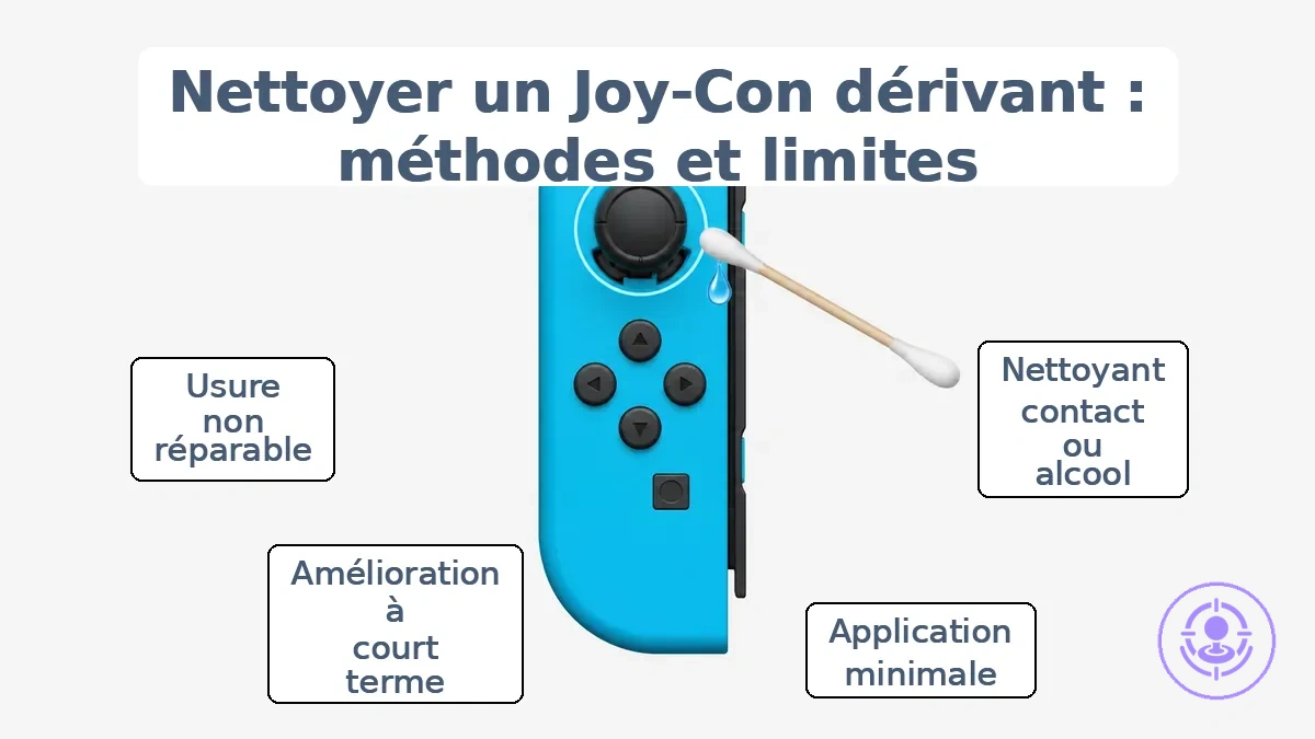 Joy-Con annoté montrant la zone du joystick pour le nettoyage et les consignes d application minimale.