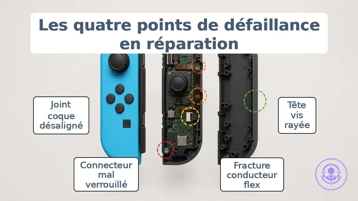 Diagramme indiquant les points de contact de réparation du Joy-Con : têtes de vis, nappe, verrou de connecteur et fermeture de coque.