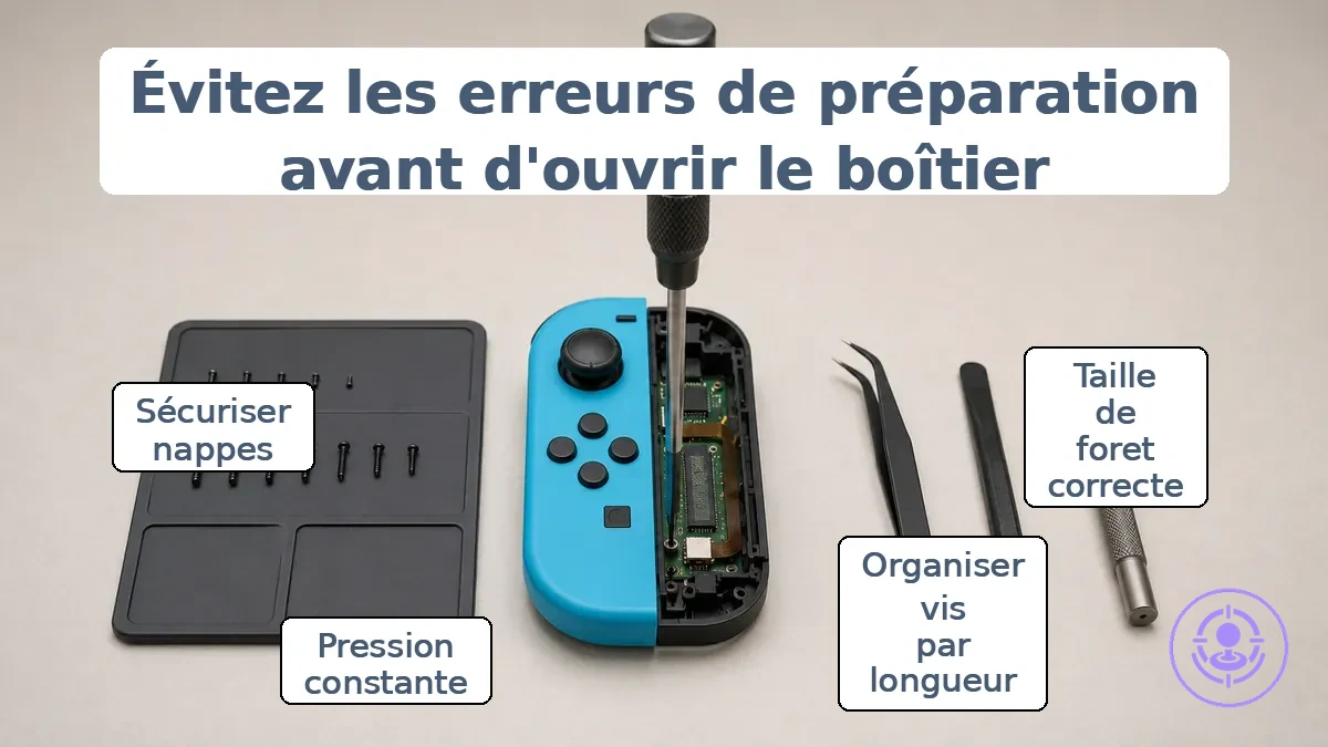 Préparation correcte de la réparation du Joy-Con : embout de tournevis bien engagé et vis organisées par longueur.