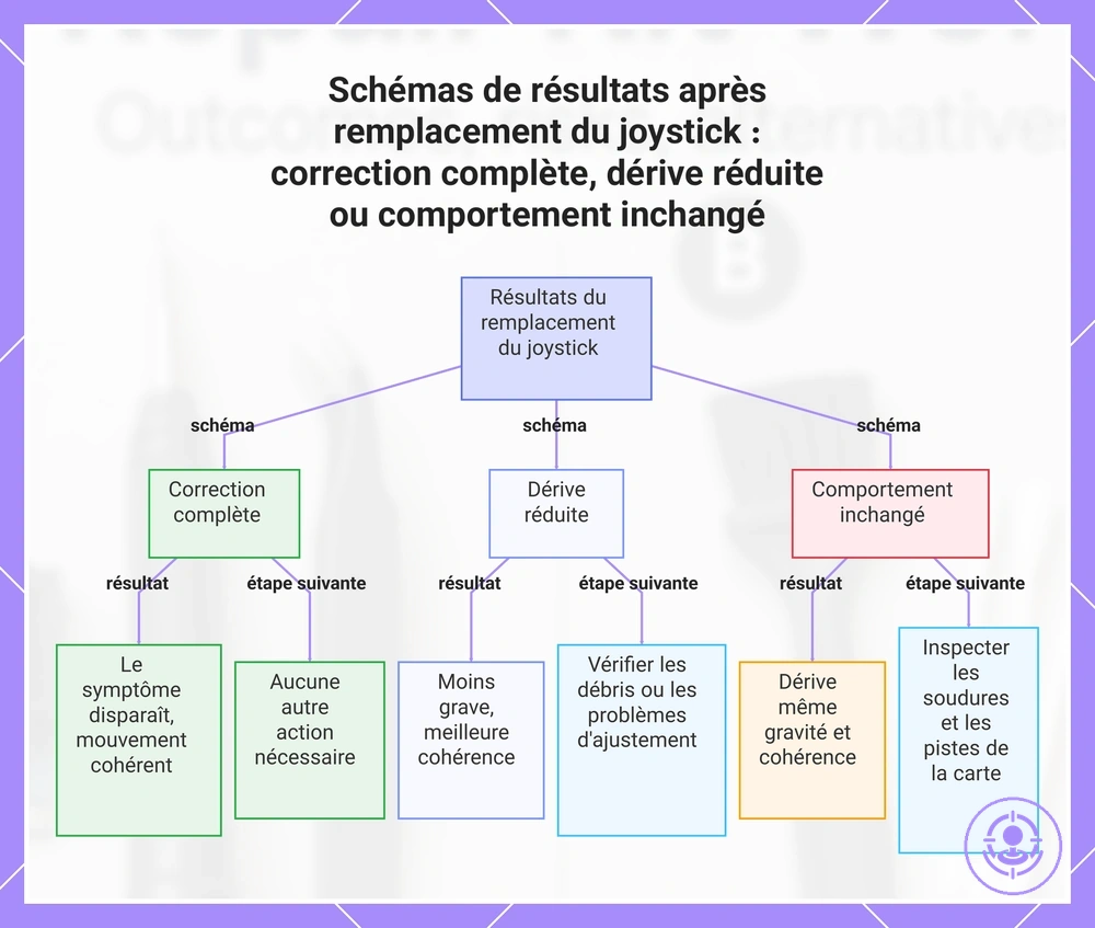 Schémas de résultats après remplacement du joystick : correction complète, dérive réduite ou comportement inchangé