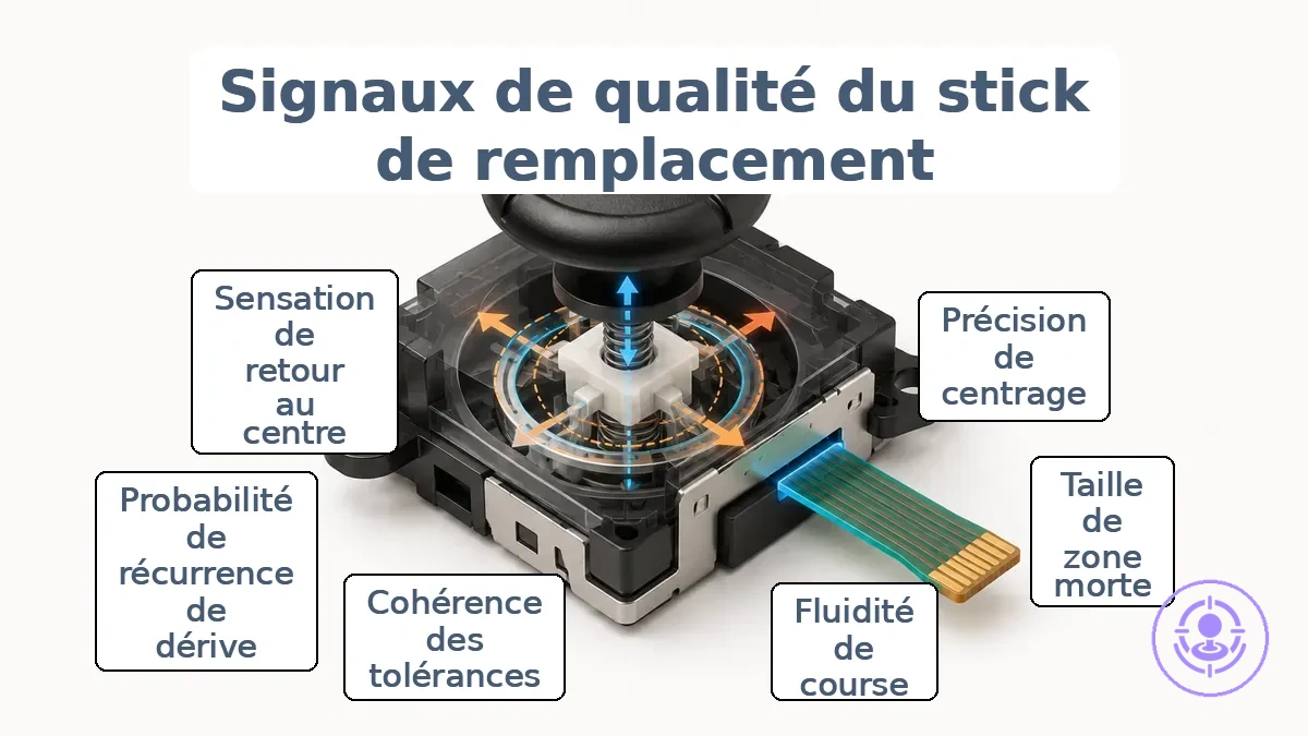 Module de joystick Joy-Con de rechange annoté montrant les indices de centrage et de déplacement