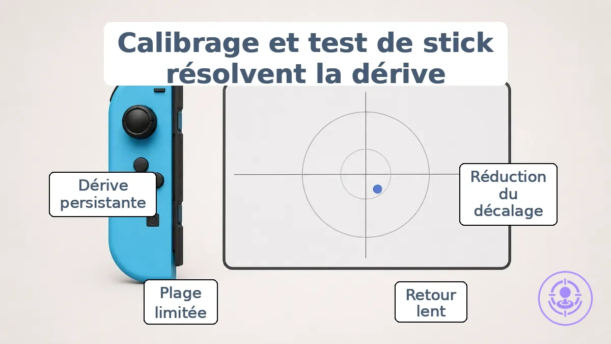 Exemple de test du stick annoté montrant le point central du Joy-Con et une lecture décentrée après remplacement du joystick