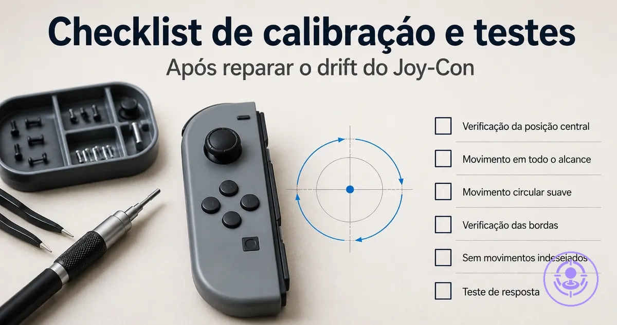Checklist de calibração e testes após reparar o drift do Joy-Con com verificações de movimento